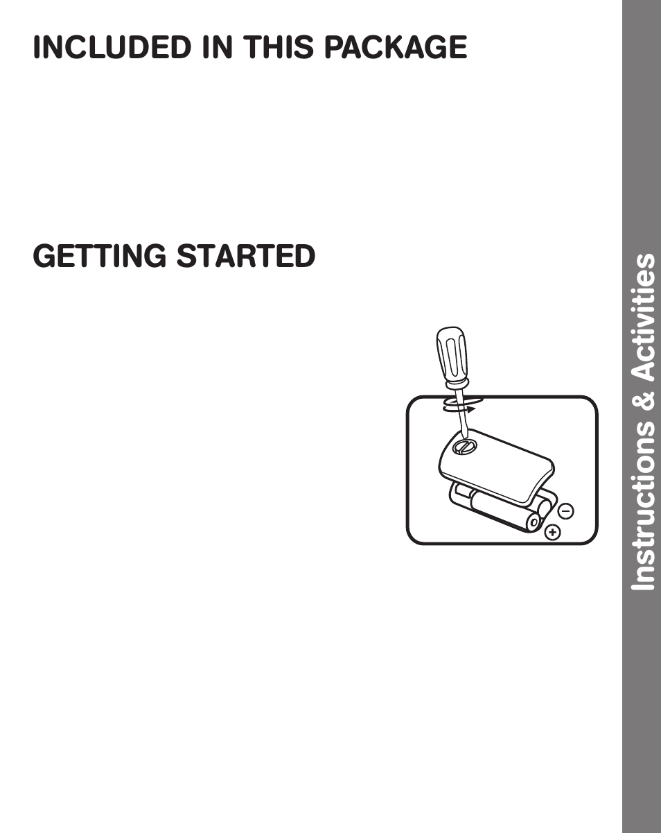 Instructions & activities, Included in this package, Getting started | Battery installation, Battery notice | VTech Alphabet Tap Tap Bus User Manual | Page 4 / 8