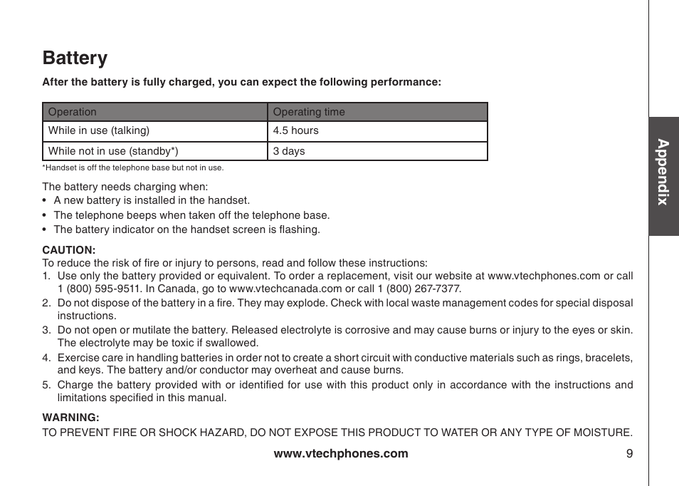 Battery, Appendix | VTech LS5105 User Manual | Page 11 / 27