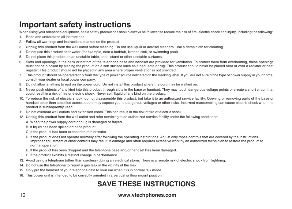 Important safety nstructons, Important safety instructions, Save these instructions | VTech LS5105 User Manual | Page 12 / 27