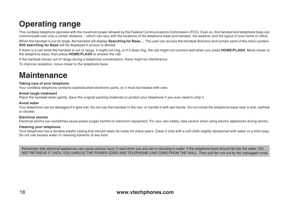 Operatng range mantenance, Operating range, Maintenance | VTech LS5105 User Manual | Page 20 / 27