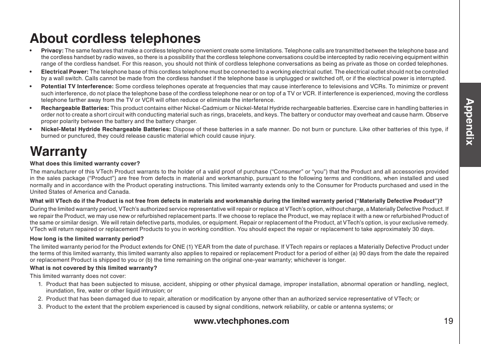 About cordless telephones warranty, About cordless telephones, Warranty | Appendix | VTech LS5105 User Manual | Page 21 / 27