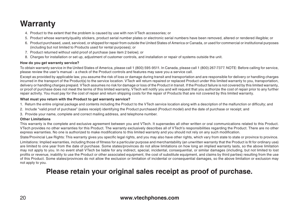 Warranty | VTech LS5105 User Manual | Page 22 / 27