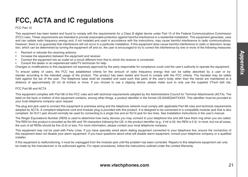 Fcc, acta and ic regulatons, Fcc, acta and ic regulations, Appendix | VTech LS5105 User Manual | Page 23 / 27