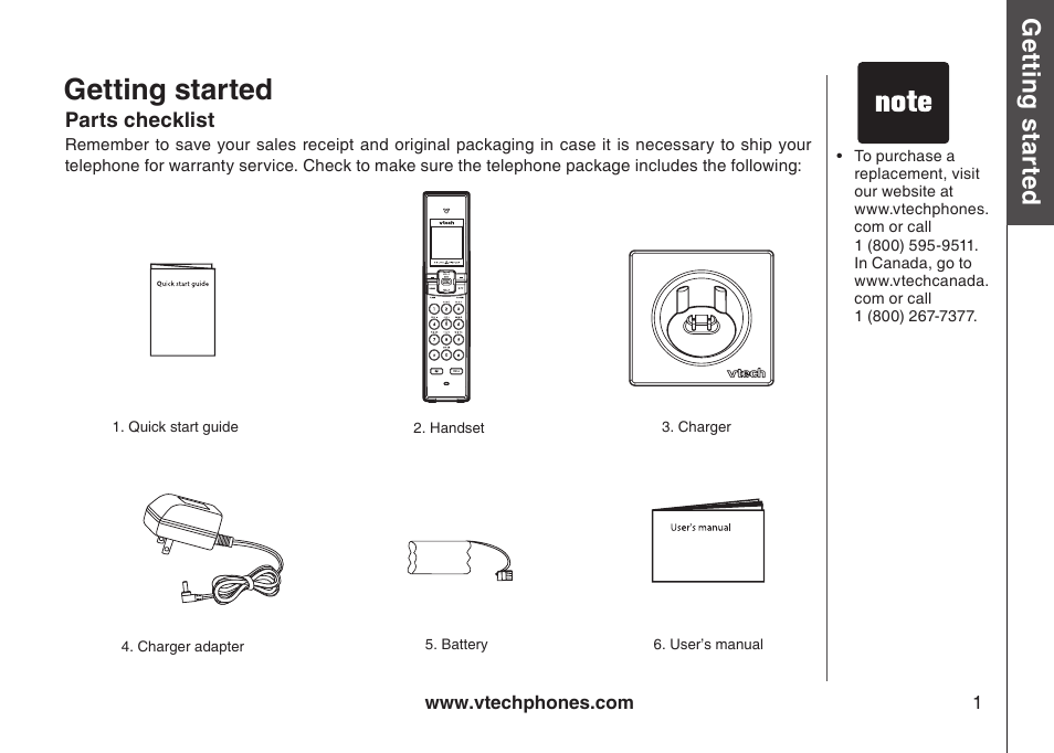 Gettng started parts checklst, Getting started, Gett in g s ta rte d | VTech LS5105 User Manual | Page 3 / 27