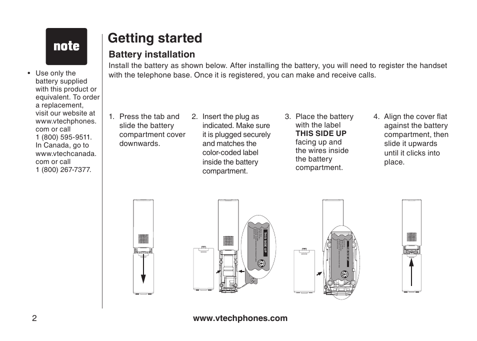 Battery nstallaton, Getting started, Battery installation | VTech LS5105 User Manual | Page 4 / 27