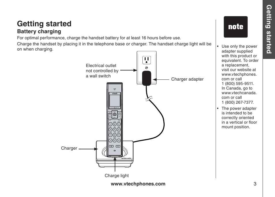 Battery chargng, Getting started, Gett in g s ta rte d | VTech LS5105 User Manual | Page 5 / 27