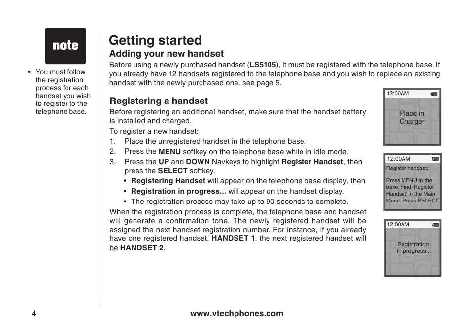 Addng your new handset regsterng a handset, Getting started, Adding your new handset | Registering a handset | VTech LS5105 User Manual | Page 6 / 27