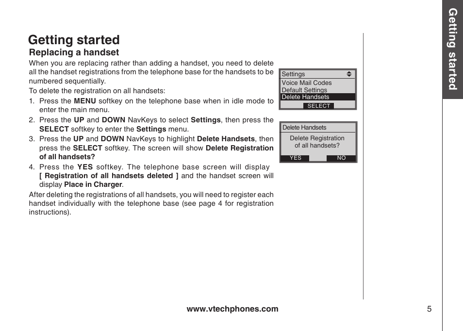 Replacng a handset, Getting started, Gett in g s ta rte d | Bas ic o pe ra tio n | VTech LS5105 User Manual | Page 7 / 27