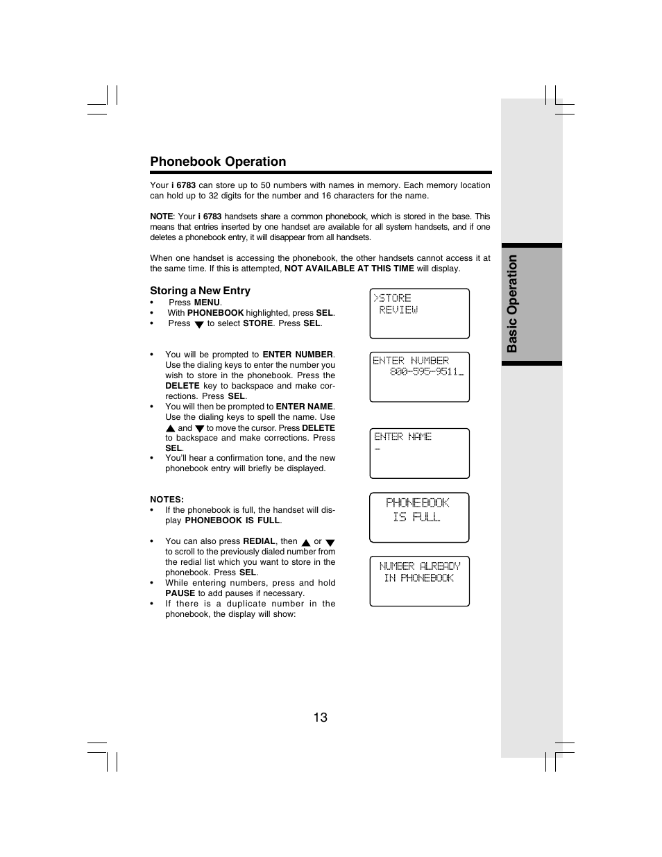 13 basic operation phonebook operation | VTech I 6783 User Manual | Page 13 / 45