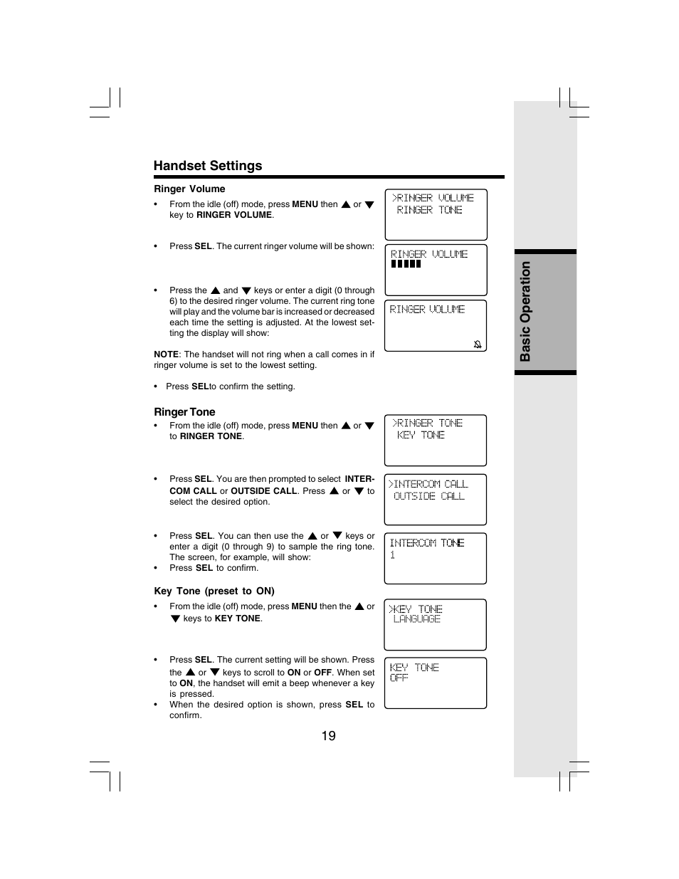 19 basic operation, Handset settings | VTech I 6783 User Manual | Page 19 / 45