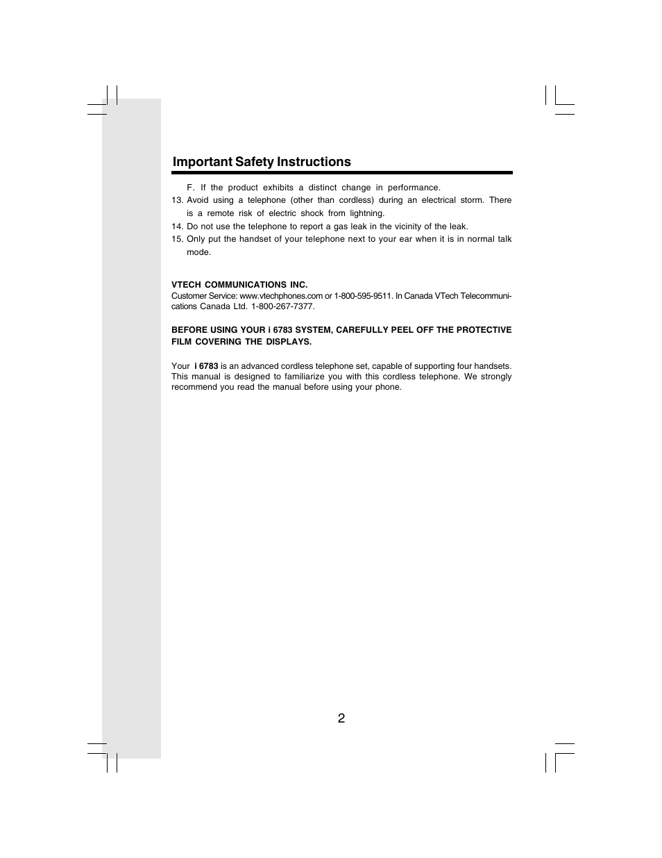 2important safety instructions | VTech I 6783 User Manual | Page 2 / 45