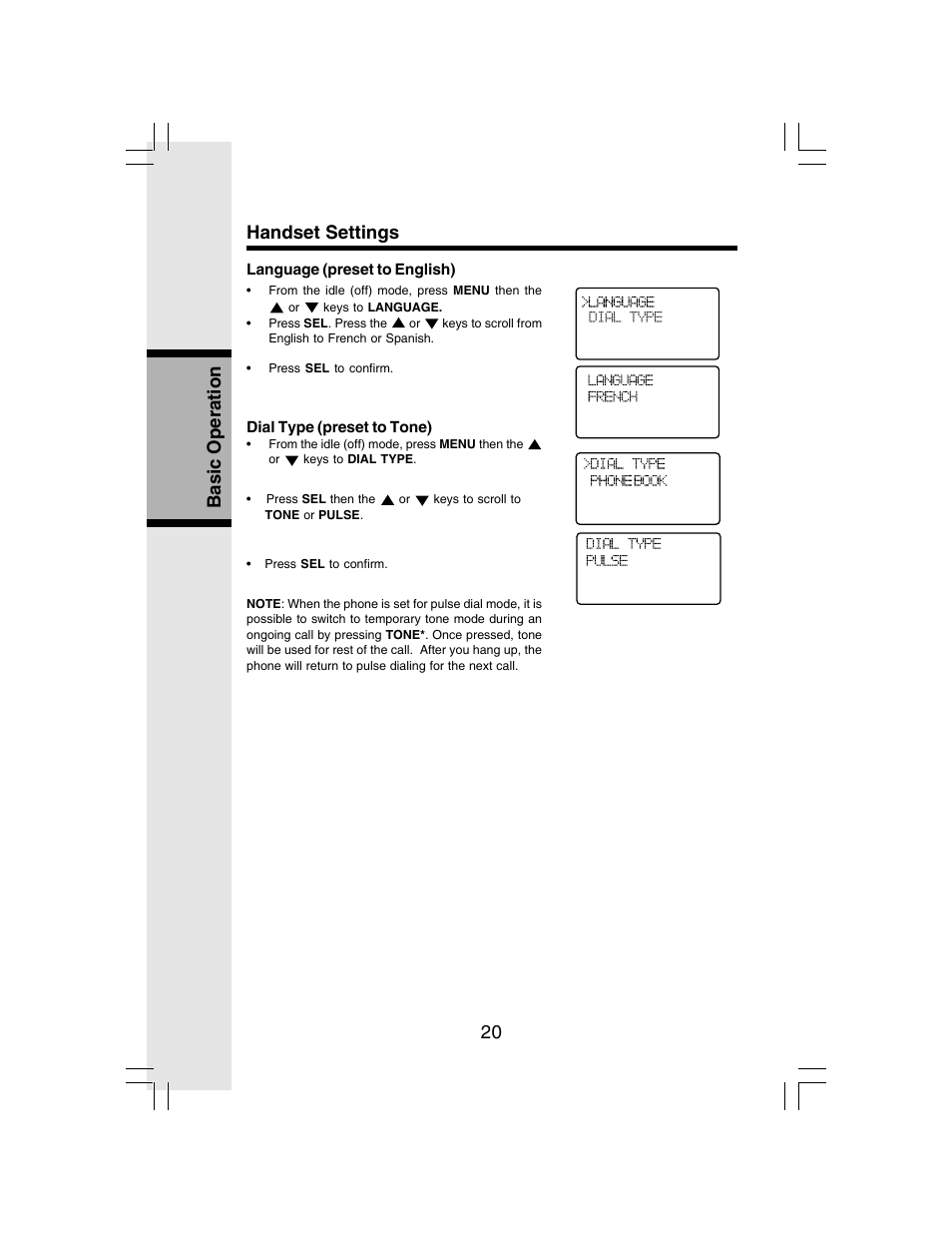 20 basic operation handset settings | VTech I 6783 User Manual | Page 20 / 45