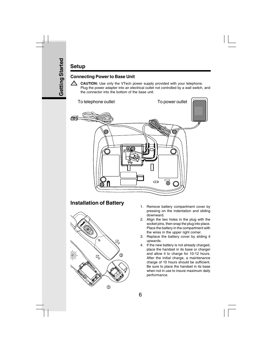 6getting started, Setup installation of battery | VTech I 6783 User Manual | Page 6 / 45