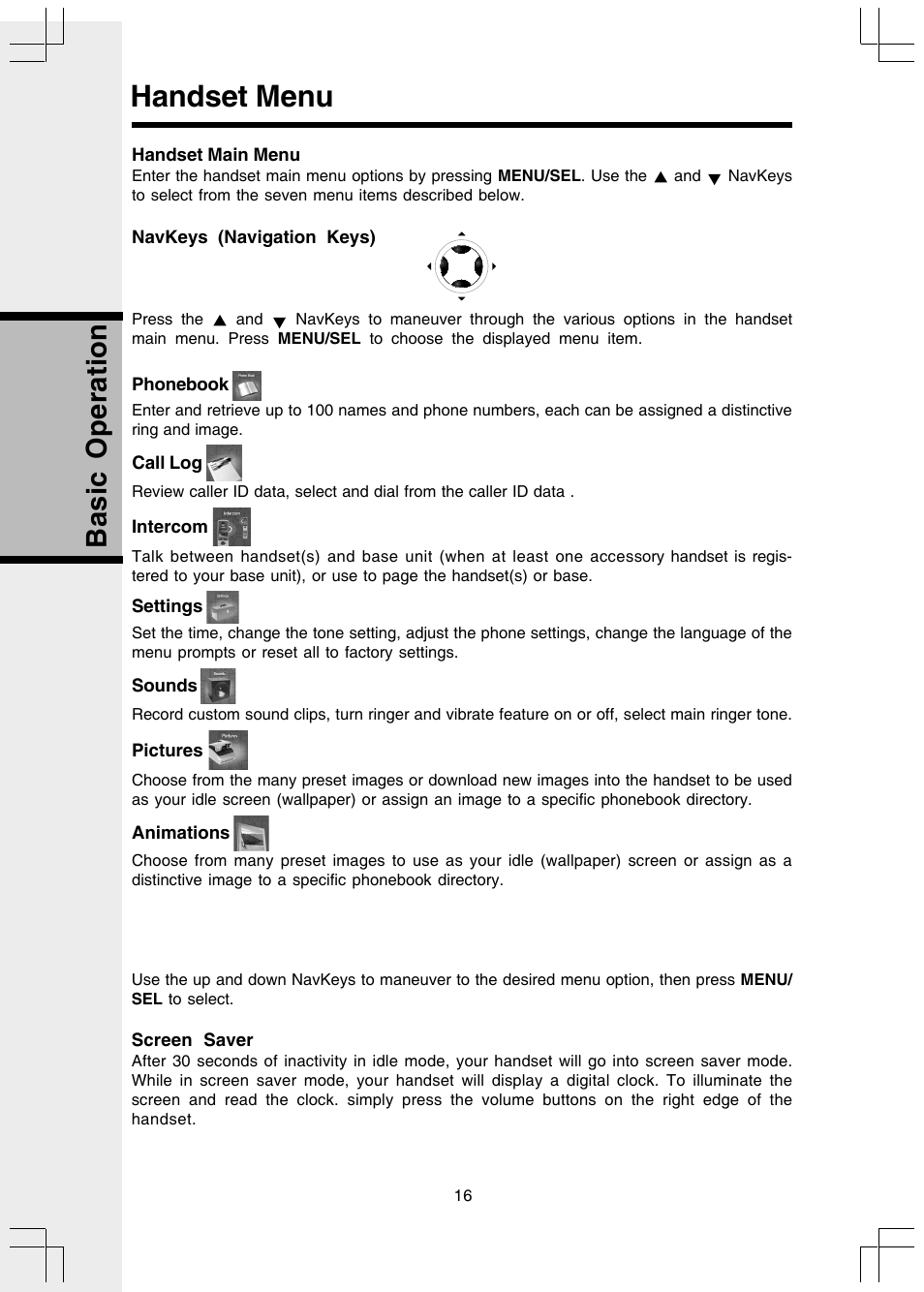 Handset menu, Basic operation | VTech 5808 User Manual | Page 16 / 56