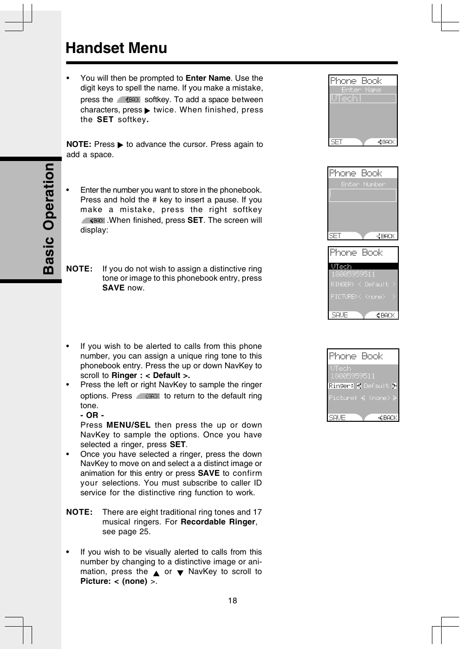 Handset menu, Basic operation | VTech 5808 User Manual | Page 18 / 56