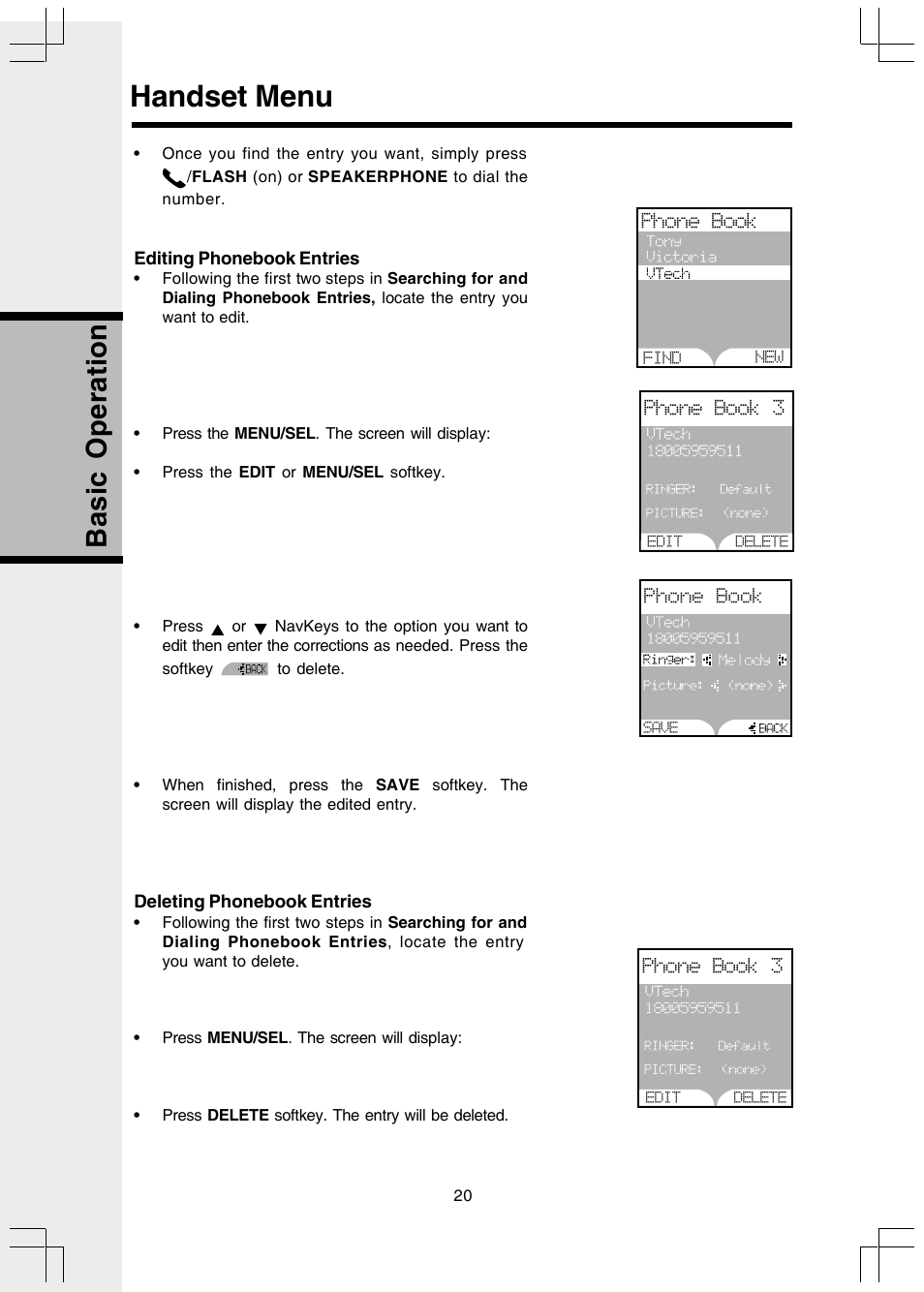 Handset menu, Basic operation | VTech 5808 User Manual | Page 20 / 56