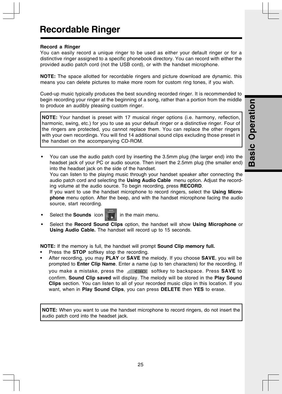 Recordable ringer, Basic operation | VTech 5808 User Manual | Page 25 / 56