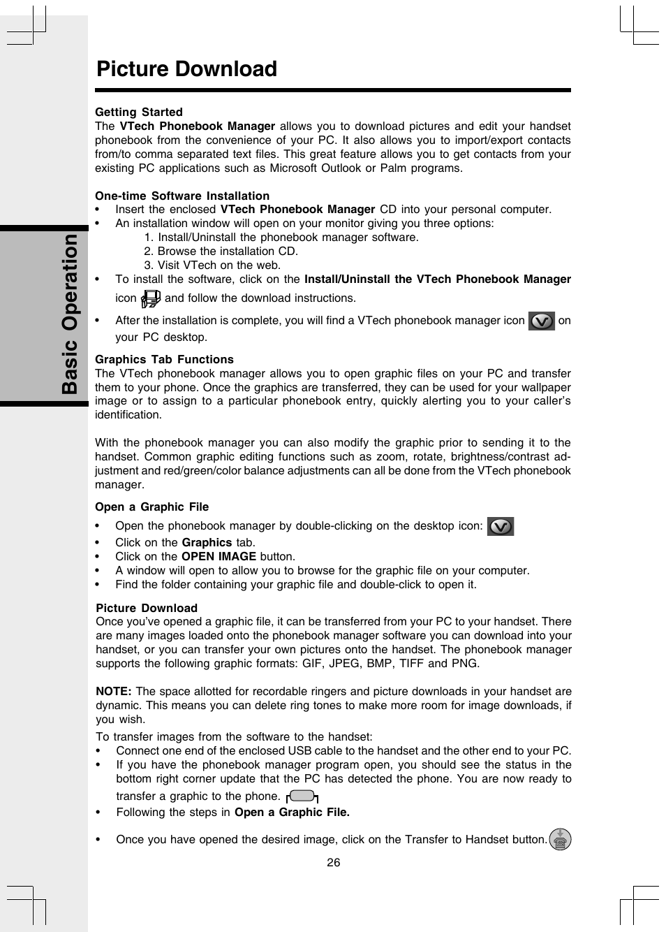 Picture download, Basic operation | VTech 5808 User Manual | Page 26 / 56