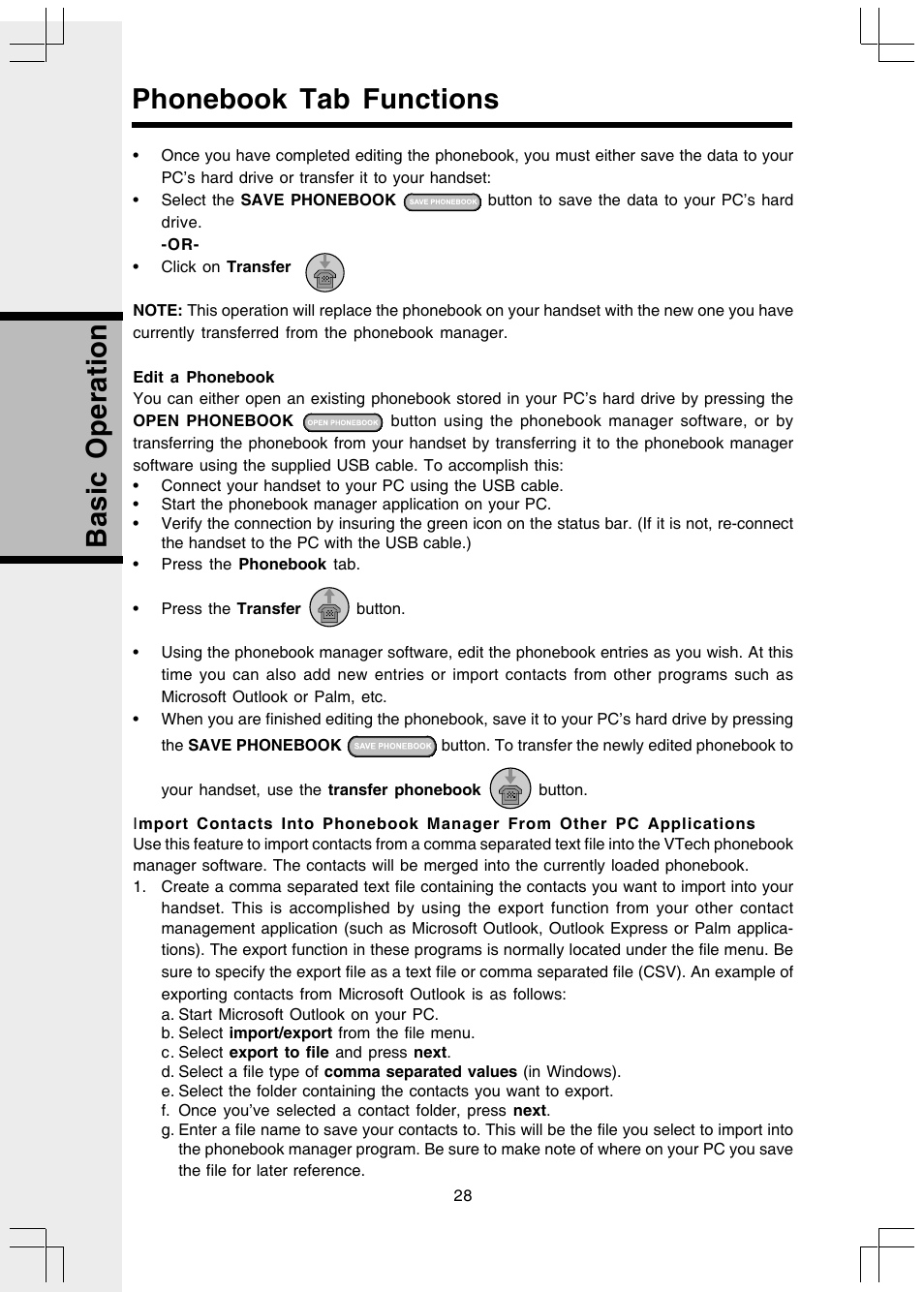 Basic operation, Phonebook tab functions | VTech 5808 User Manual | Page 28 / 56