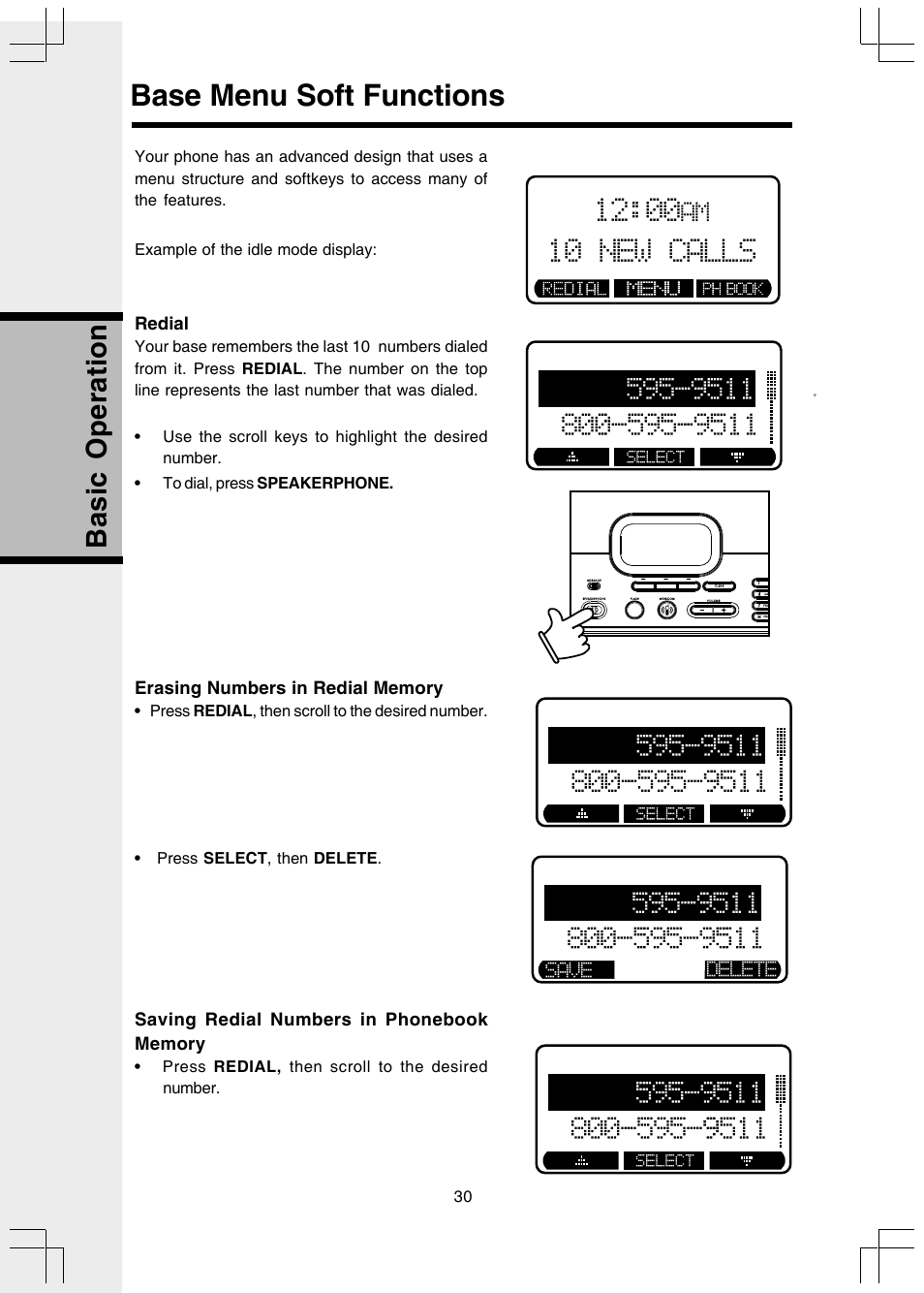 Base menu soft functions, Basic operation, 10 new calls | VTech 5808 User Manual | Page 30 / 56