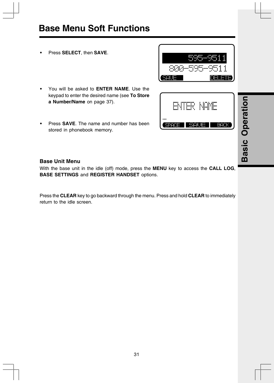 Base menu soft functions, Basic operation | VTech 5808 User Manual | Page 31 / 56