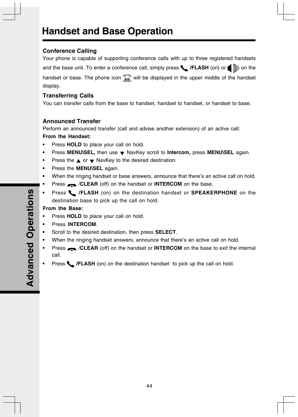 Handset and base operation, Advanced operations | VTech 5808 User Manual | Page 44 / 56