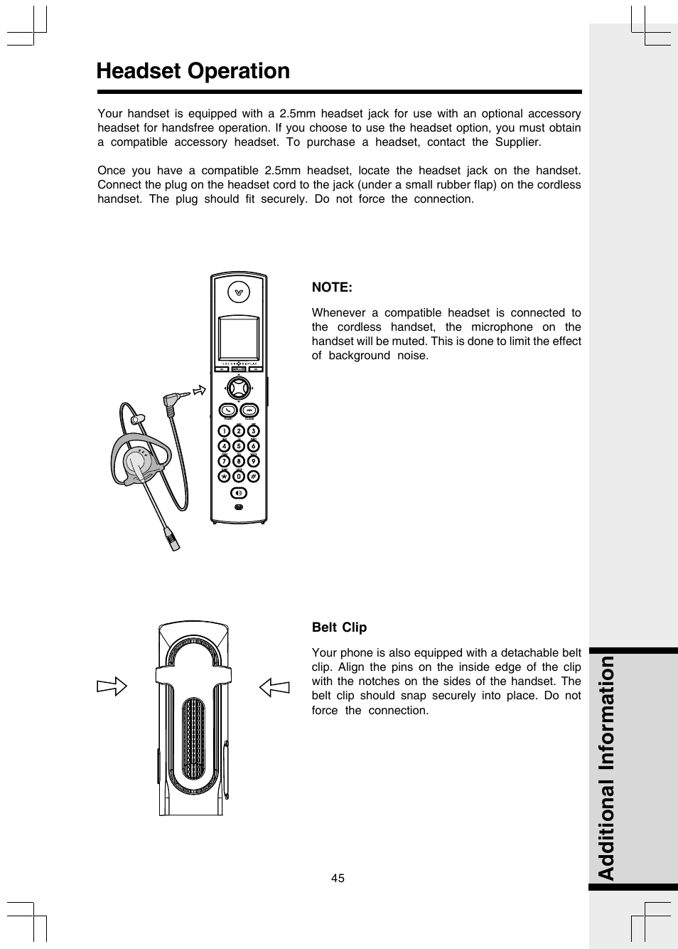 Headset operation, Additional information | VTech 5808 User Manual | Page 45 / 56