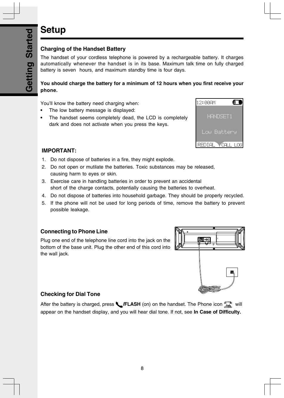 Setup, Getting started | VTech 5808 User Manual | Page 8 / 56