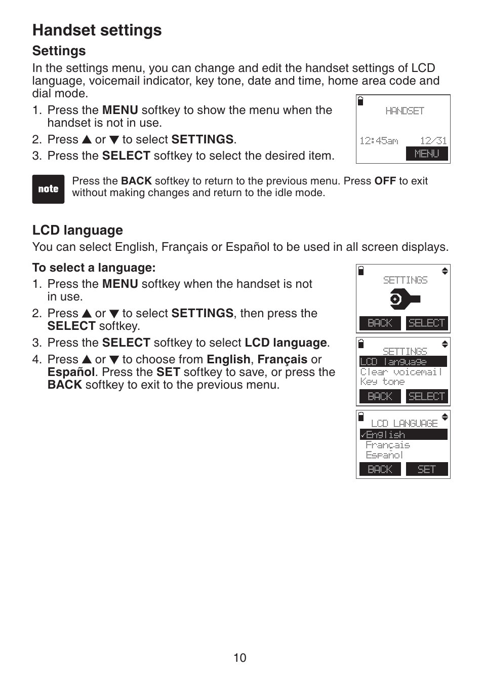 Handset settings, Lcd language, Settings | VTech DECT6.0 DS6151 User Manual | Page 14 / 95