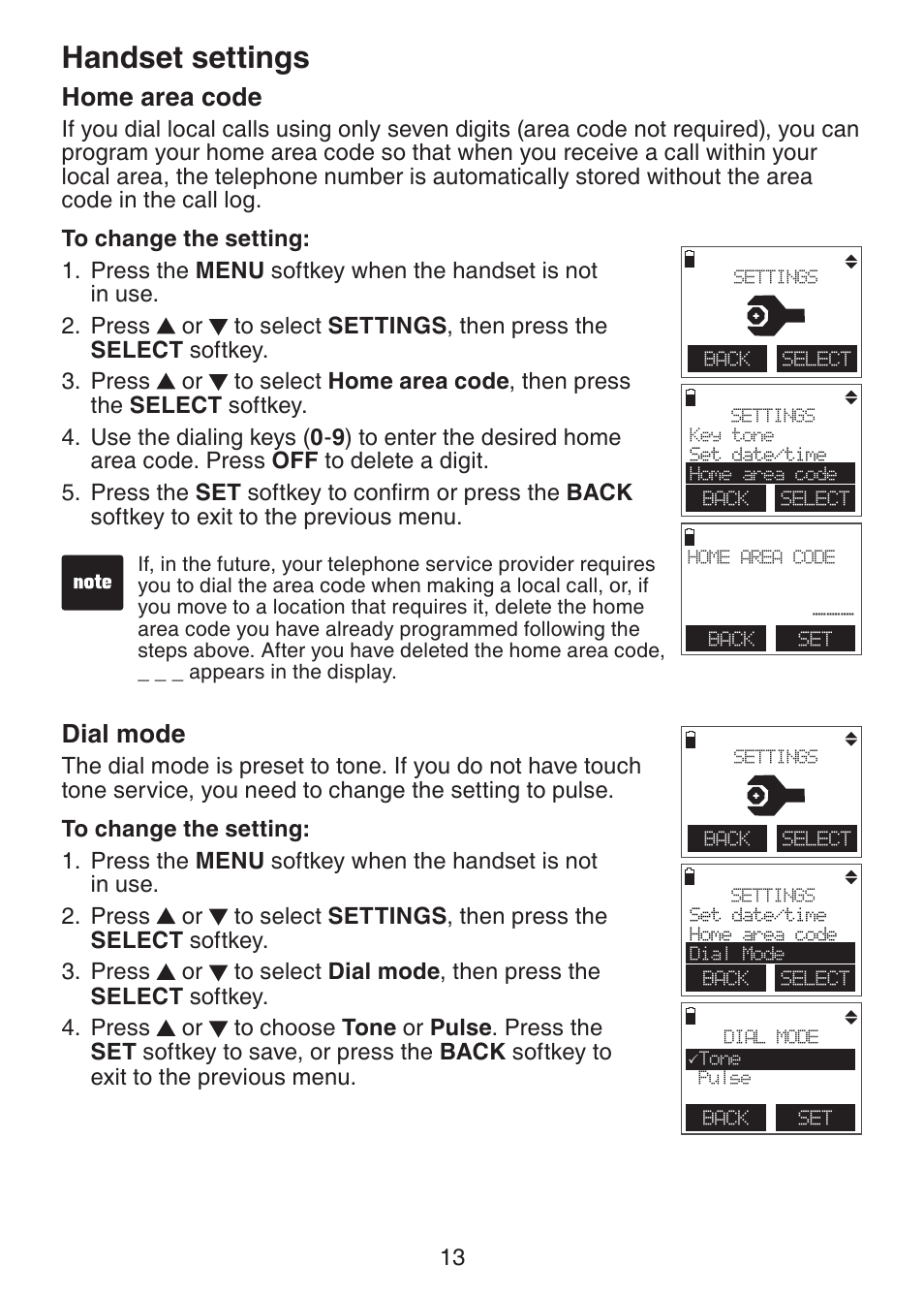 Handset settings, Home area code, Dial mode | VTech DECT6.0 DS6151 User Manual | Page 17 / 95