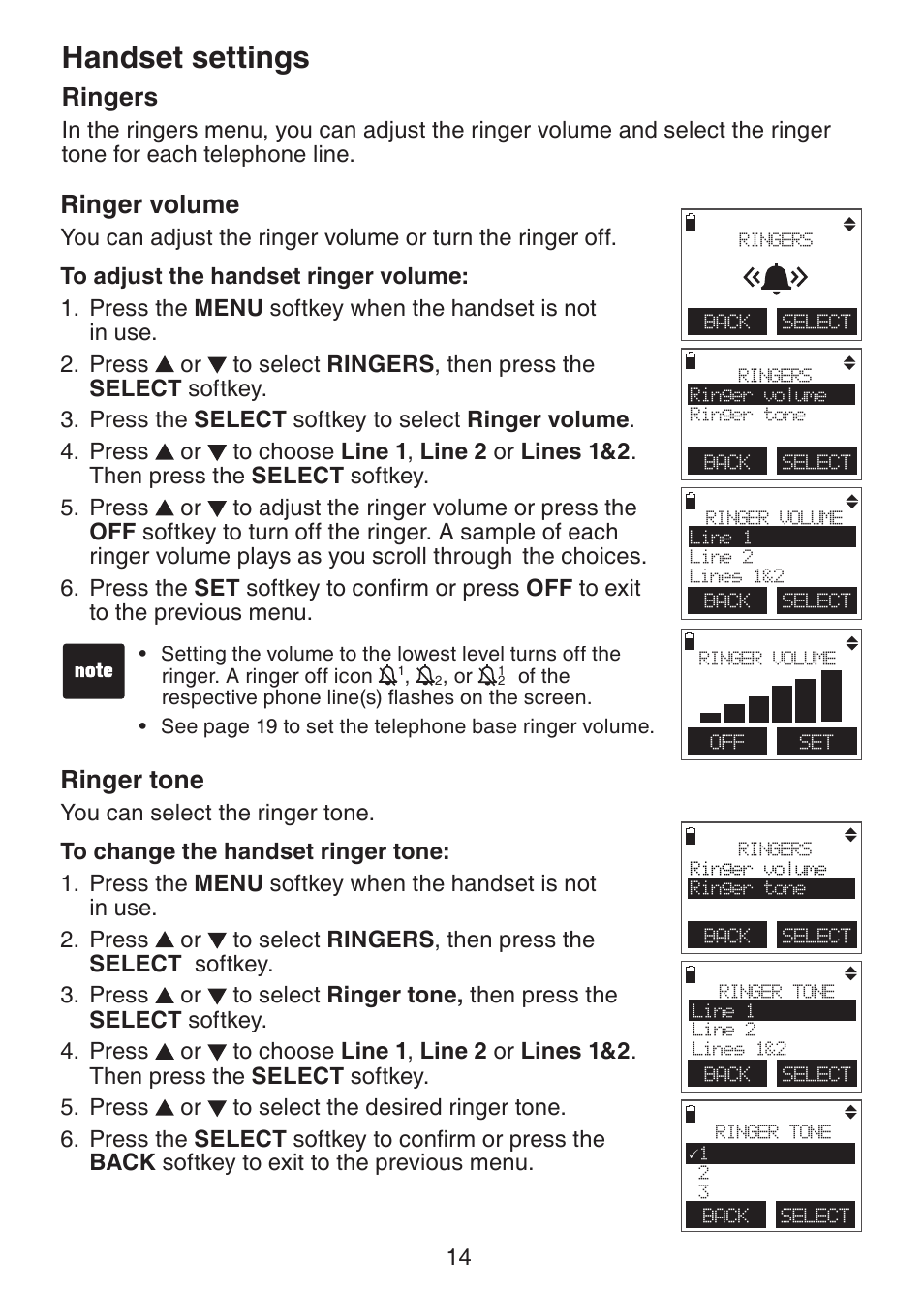 Handset settings, Ringer volume, Ringer tone | Ringers | VTech DECT6.0 DS6151 User Manual | Page 18 / 95