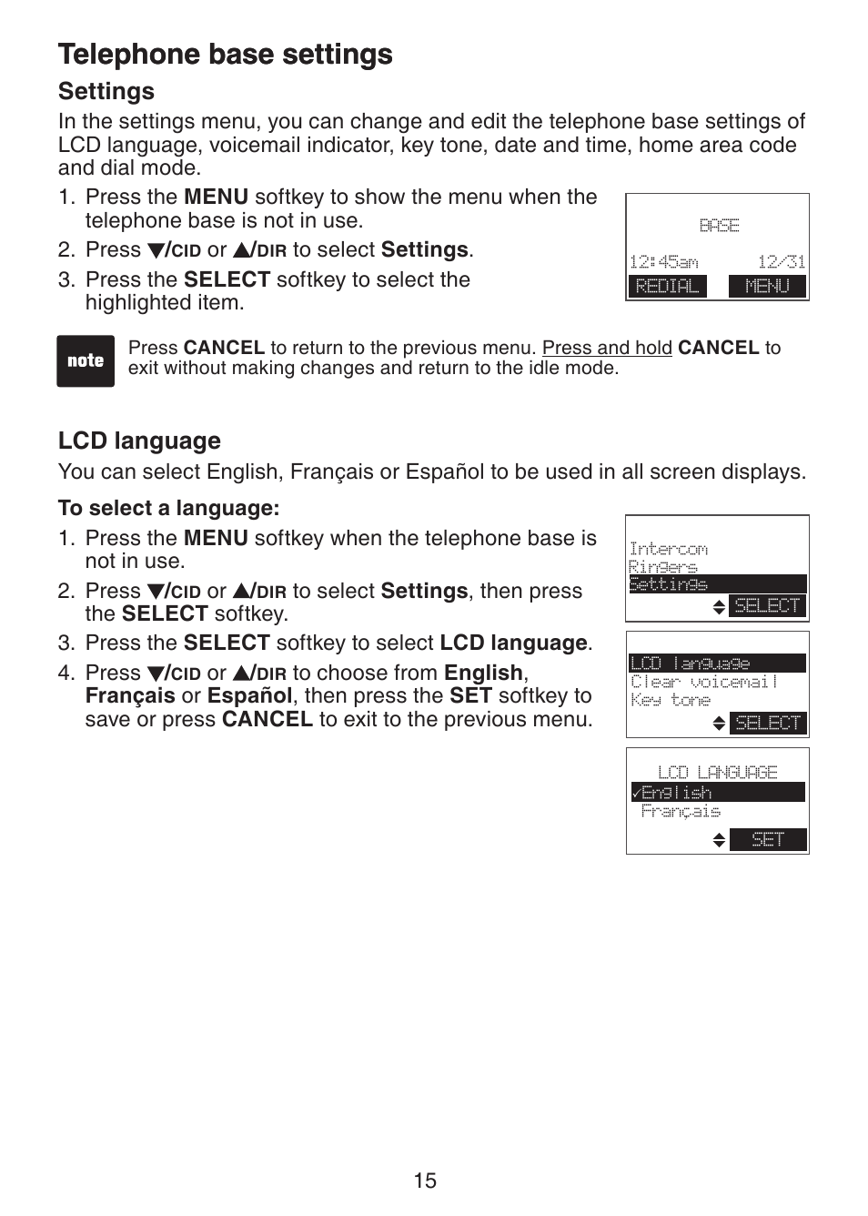 Telephone base settings, Lcd language, Settings | VTech DECT6.0 DS6151 User Manual | Page 19 / 95