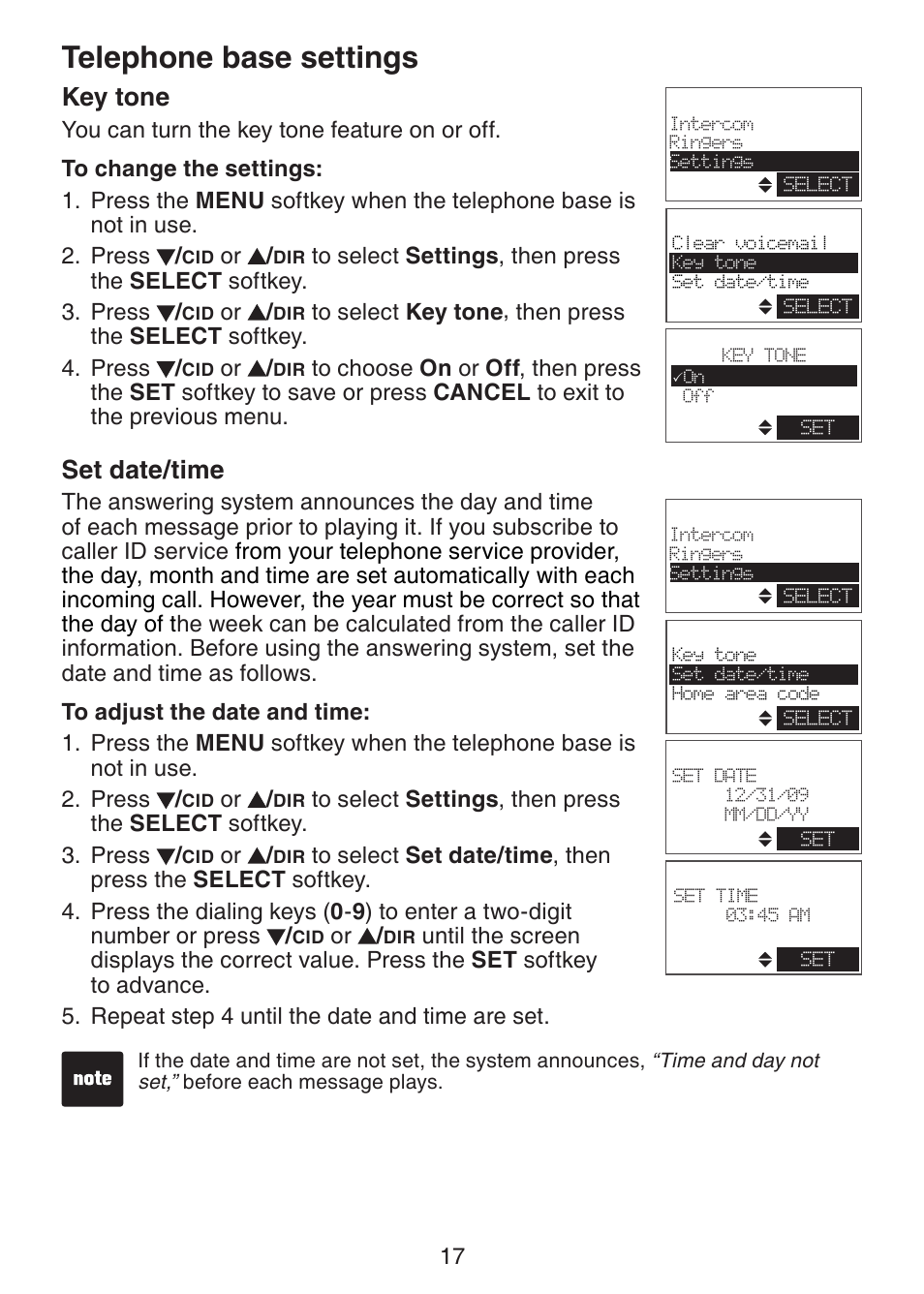 Telephone base settings, Key tone, Set date/time | VTech DECT6.0 DS6151 User Manual | Page 21 / 95