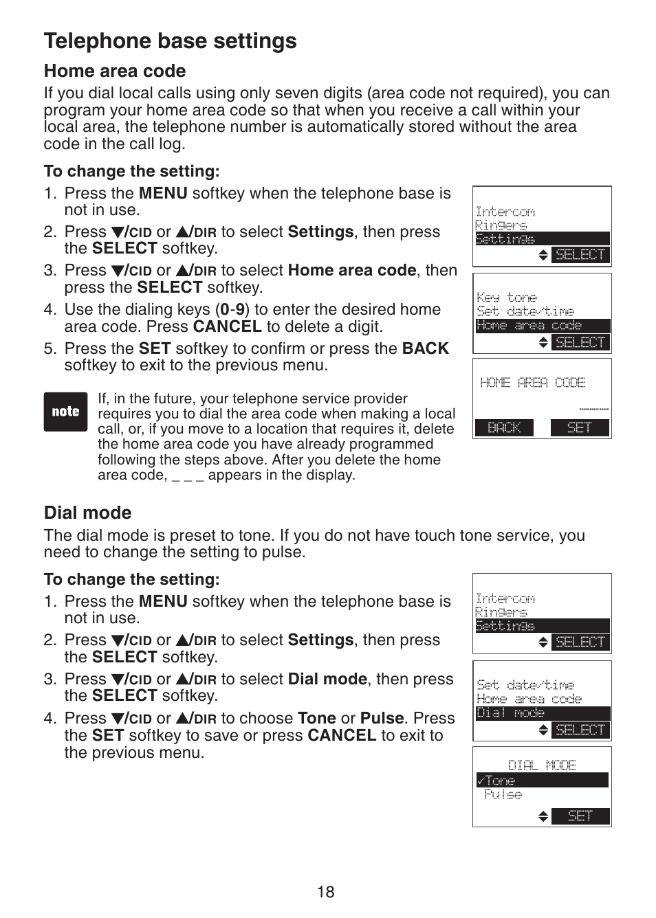 Telephone base settings, Home area code, Dial mode | VTech DECT6.0 DS6151 User Manual | Page 22 / 95