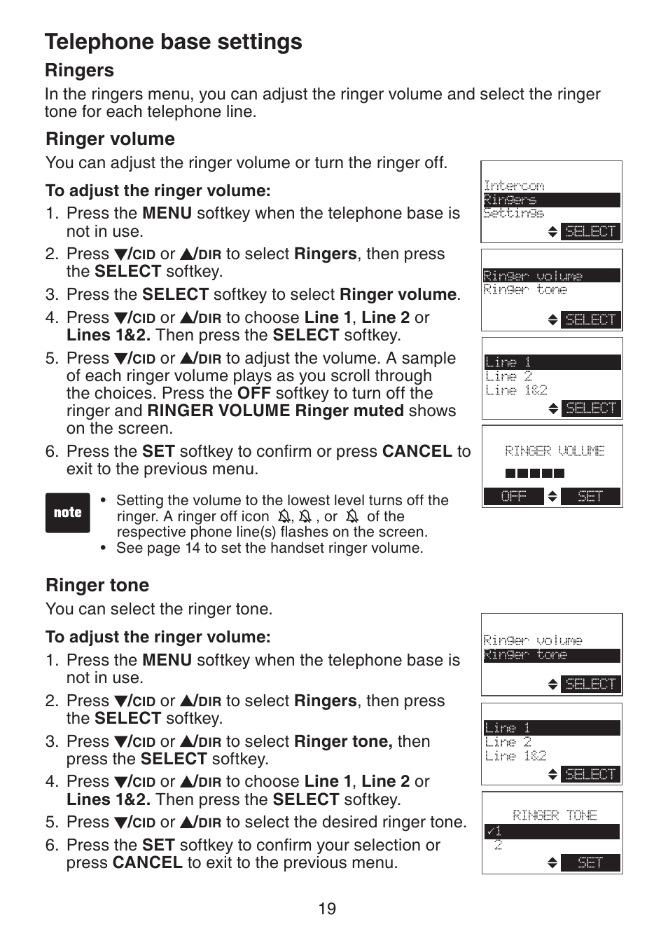 Telephone base settings, Ringer volume, Ringer tone | Ringers | VTech DECT6.0 DS6151 User Manual | Page 23 / 95