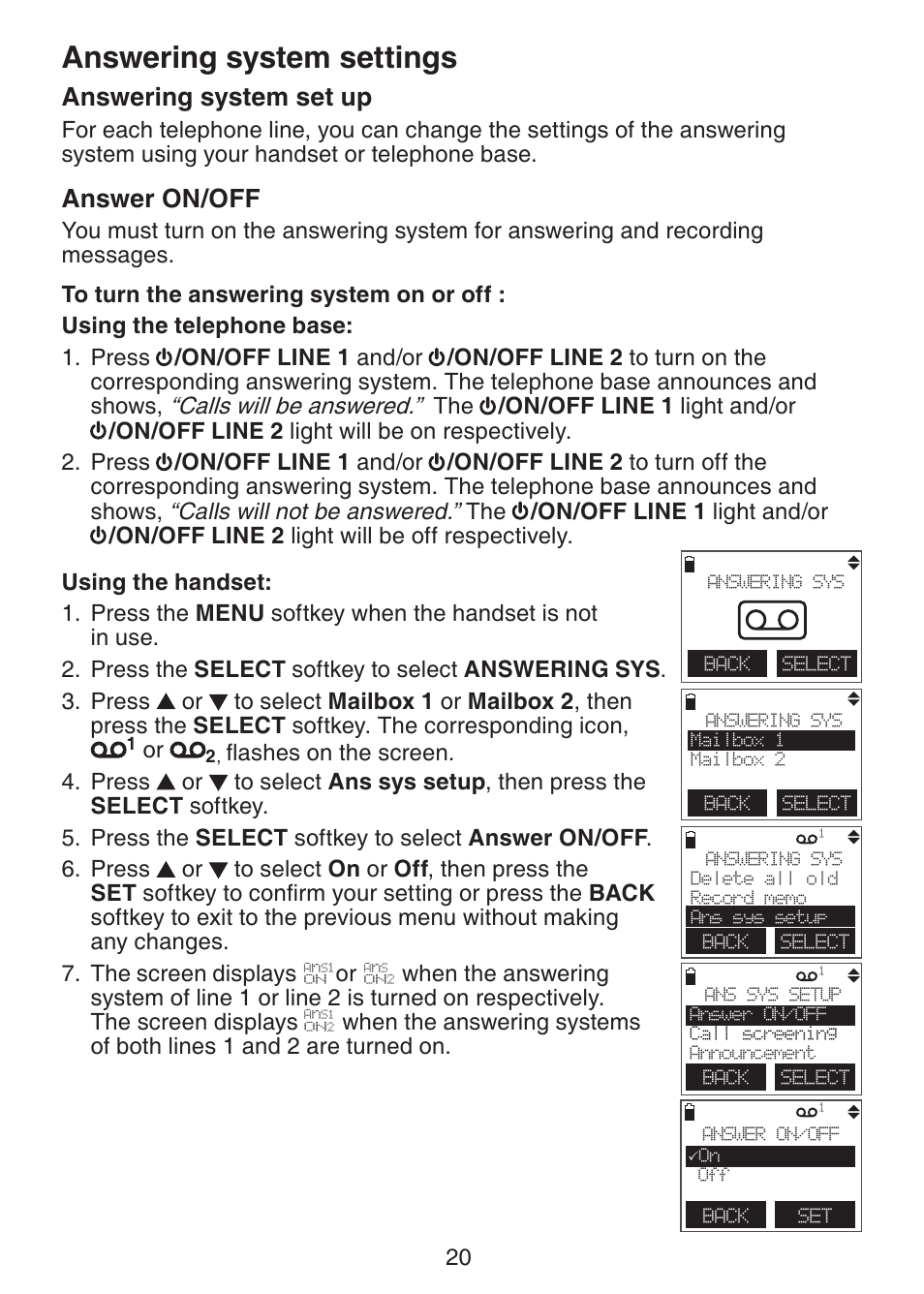 Answering system settings, Answering system set up, Answer on/off | VTech DECT6.0 DS6151 User Manual | Page 24 / 95