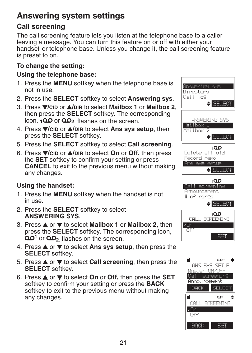 Answering system settings, Call screening | VTech DECT6.0 DS6151 User Manual | Page 25 / 95