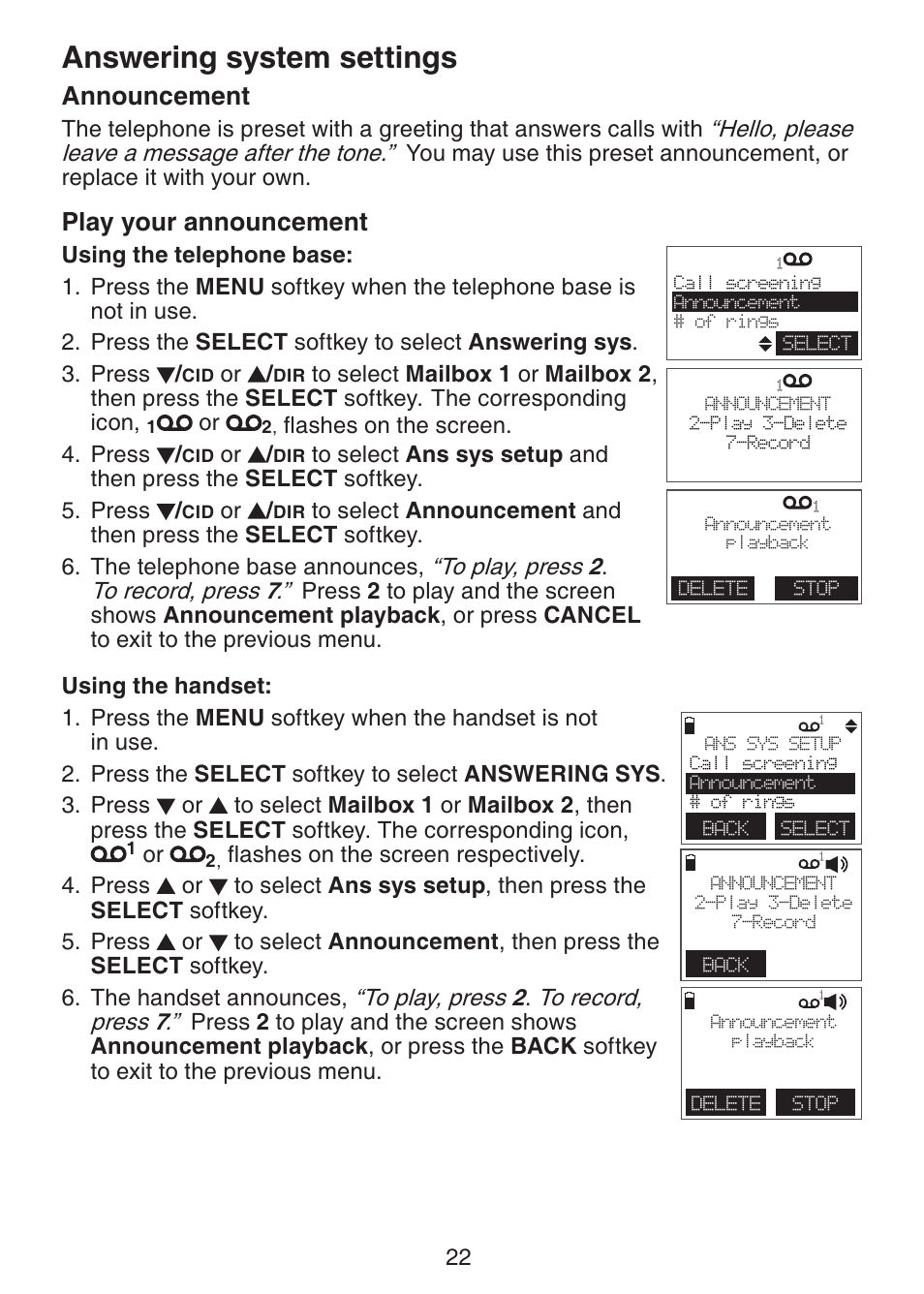 Answering system settings, Announcement, Play your announcement | VTech DECT6.0 DS6151 User Manual | Page 26 / 95