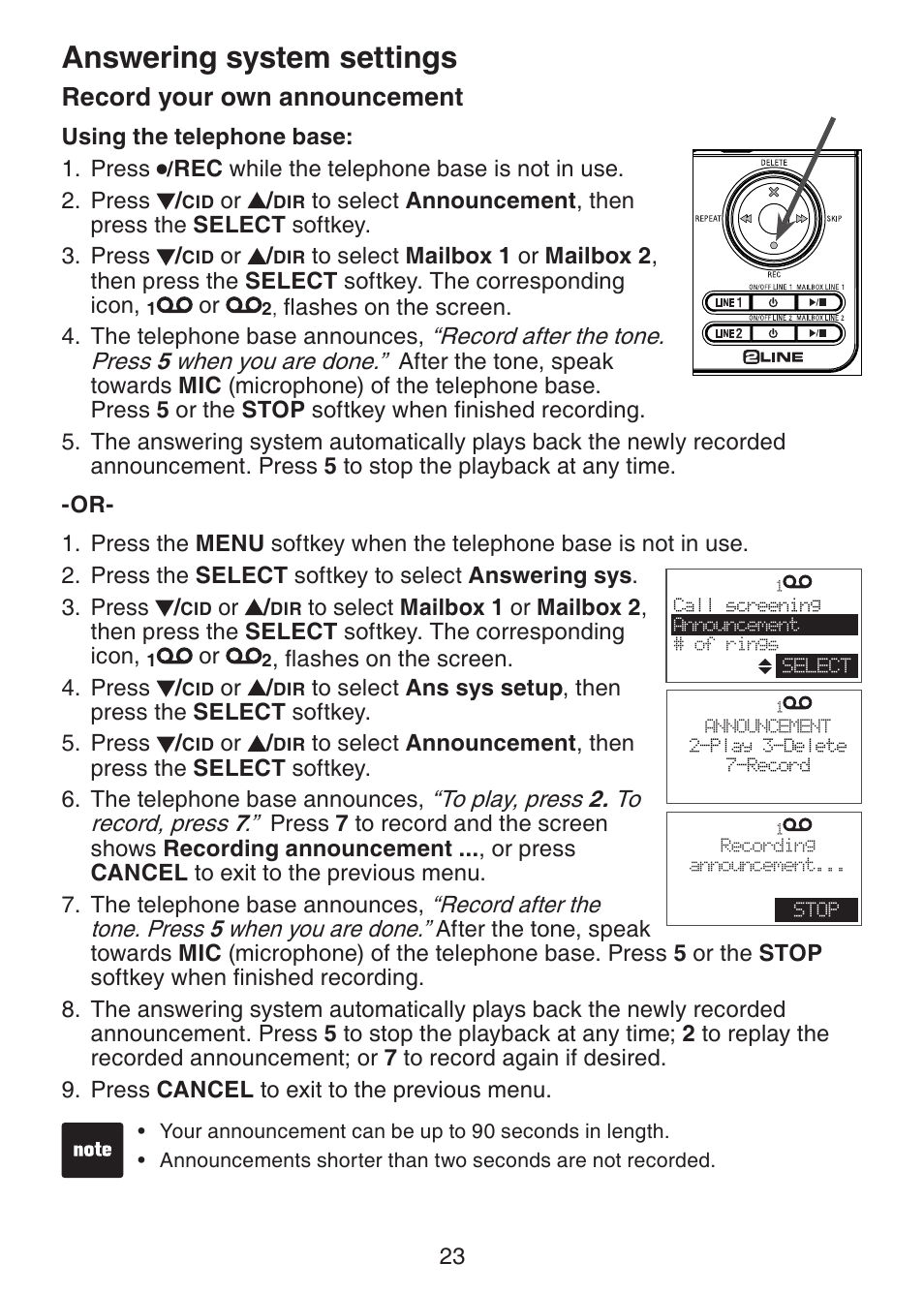 Answering system settings, Record your own announcement | VTech DECT6.0 DS6151 User Manual | Page 27 / 95