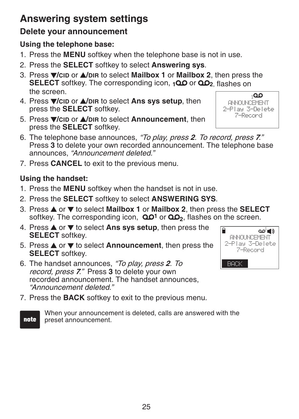 Answering system settings, Delete your announcement | VTech DECT6.0 DS6151 User Manual | Page 29 / 95