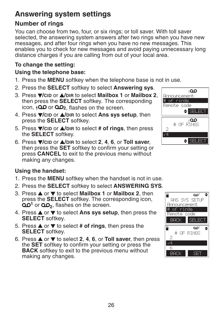 Answering system settings, Number of rings | VTech DECT6.0 DS6151 User Manual | Page 30 / 95