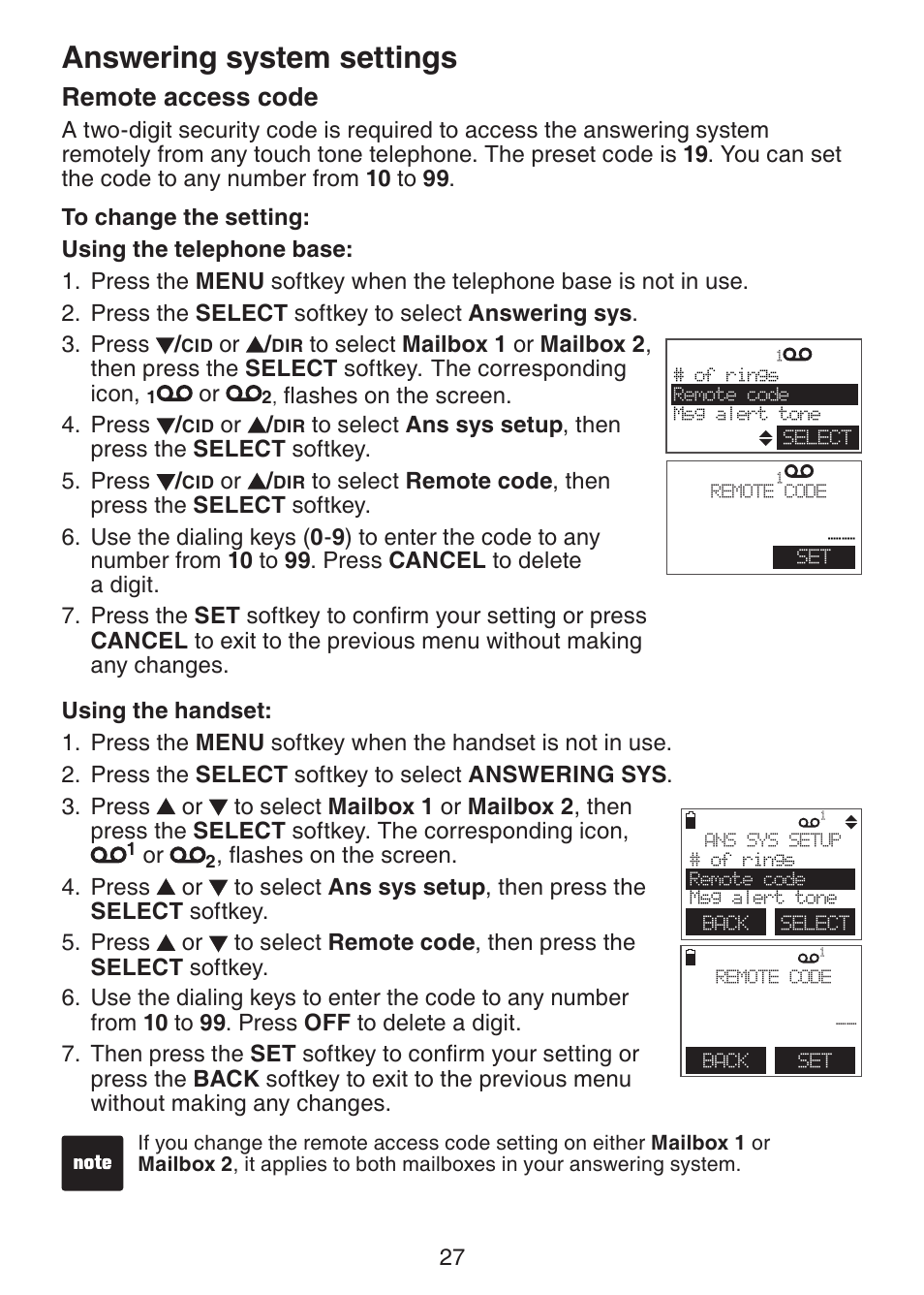 Answering system settings, Remote access code | VTech DECT6.0 DS6151 User Manual | Page 31 / 95