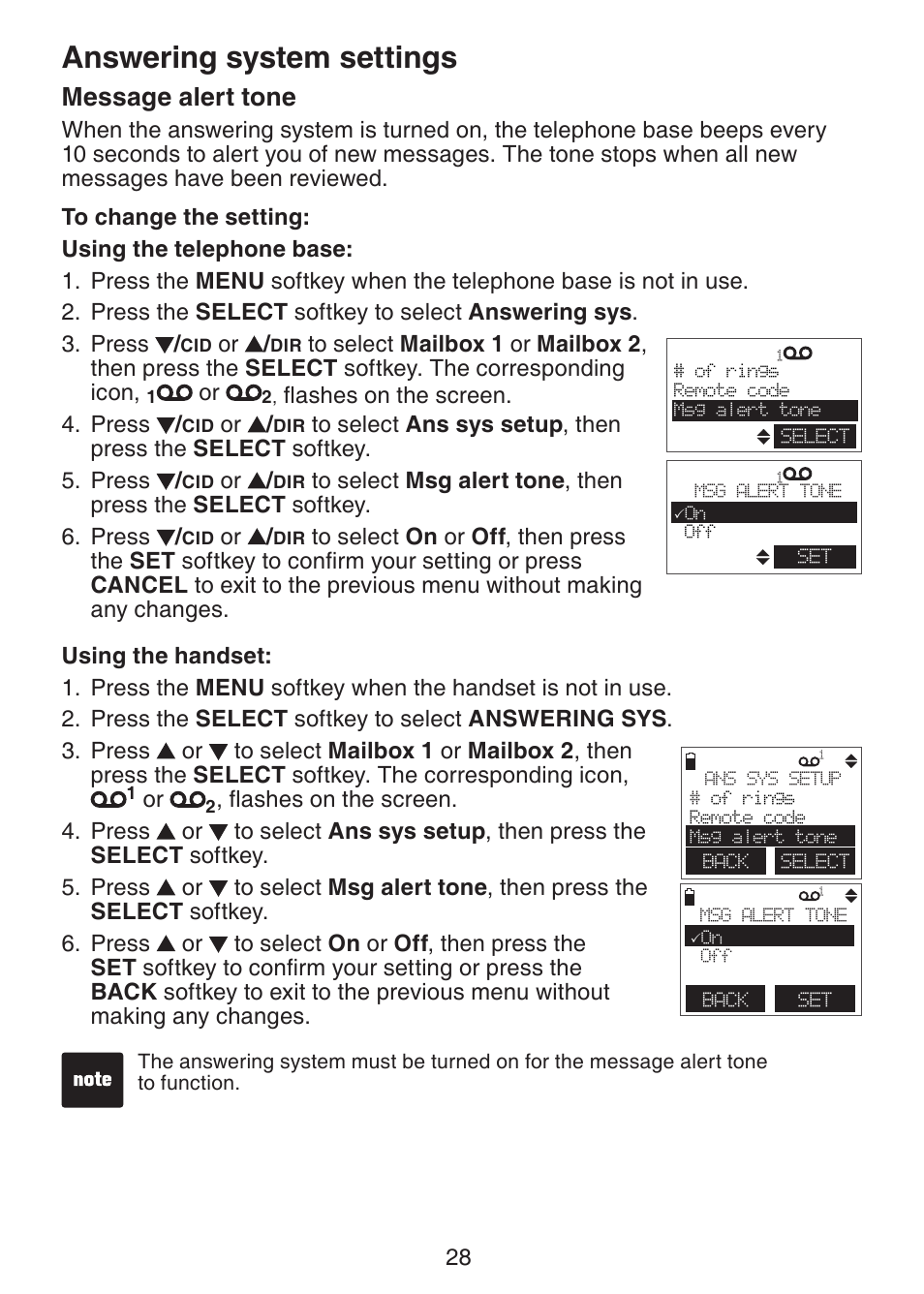 Answering system settings, Message alert tone | VTech DECT6.0 DS6151 User Manual | Page 32 / 95