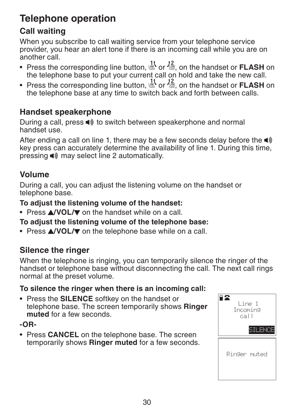 Telephone operation, Call waiting, Handset speakerphone | Volume, Silence the ringer | VTech DECT6.0 DS6151 User Manual | Page 34 / 95