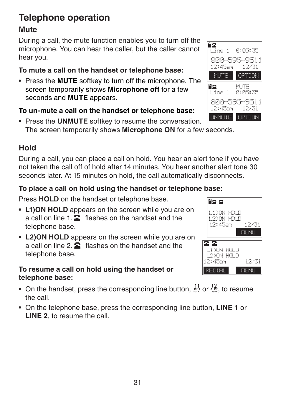 Telephone operation, Mute, Hold | VTech DECT6.0 DS6151 User Manual | Page 35 / 95