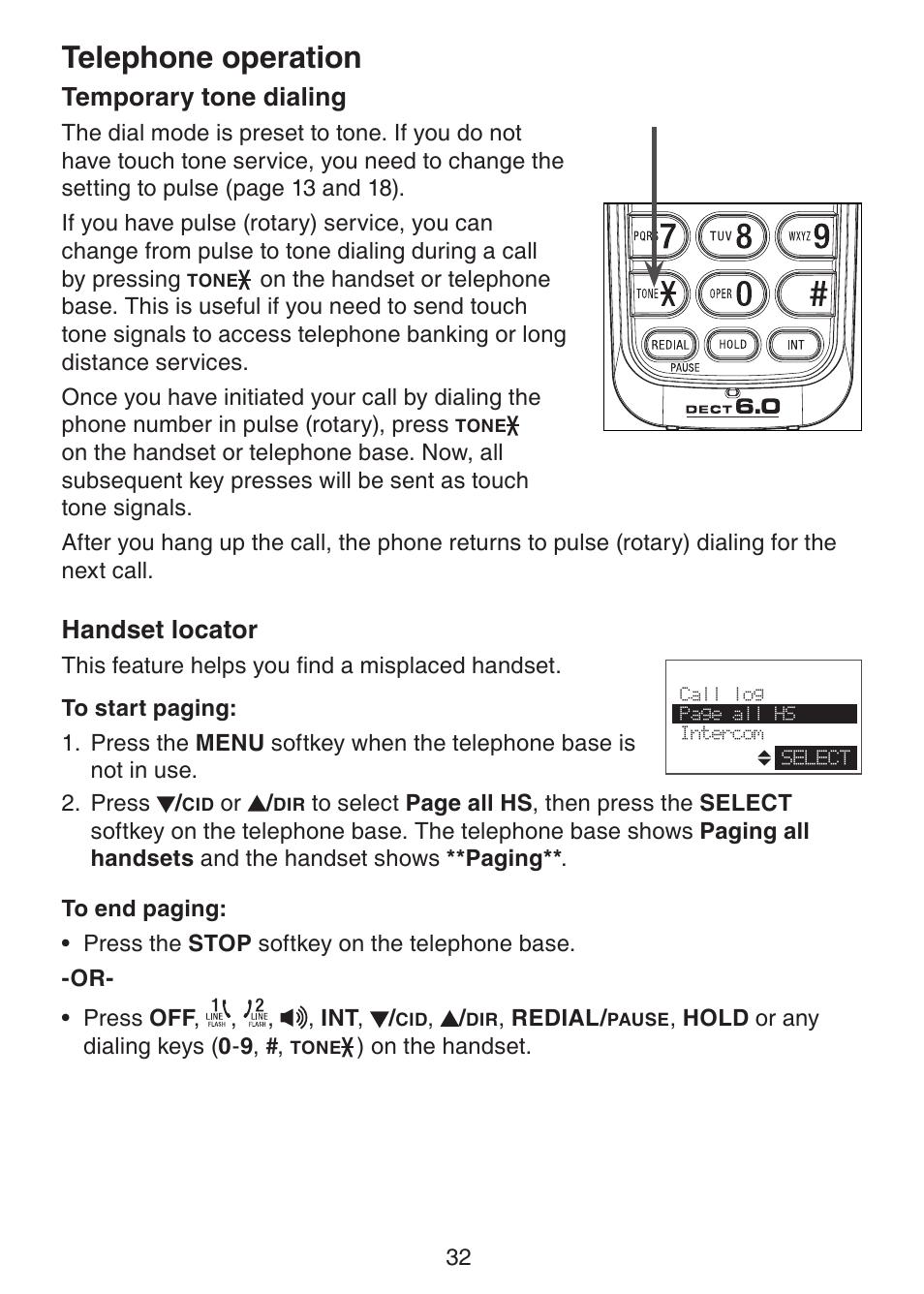 Telephone operation, Temporary tone dialing, Handset locator | VTech DECT6.0 DS6151 User Manual | Page 36 / 95