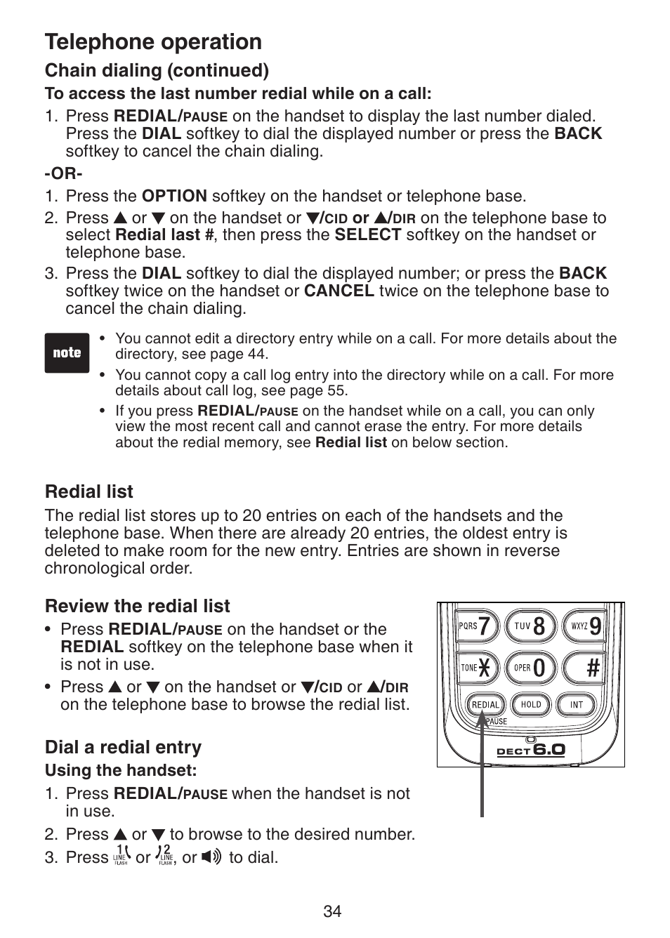 Telephone operation, Chain dialing (continued), Redial list | Review the redial list, Dial a redial entry | VTech DECT6.0 DS6151 User Manual | Page 38 / 95