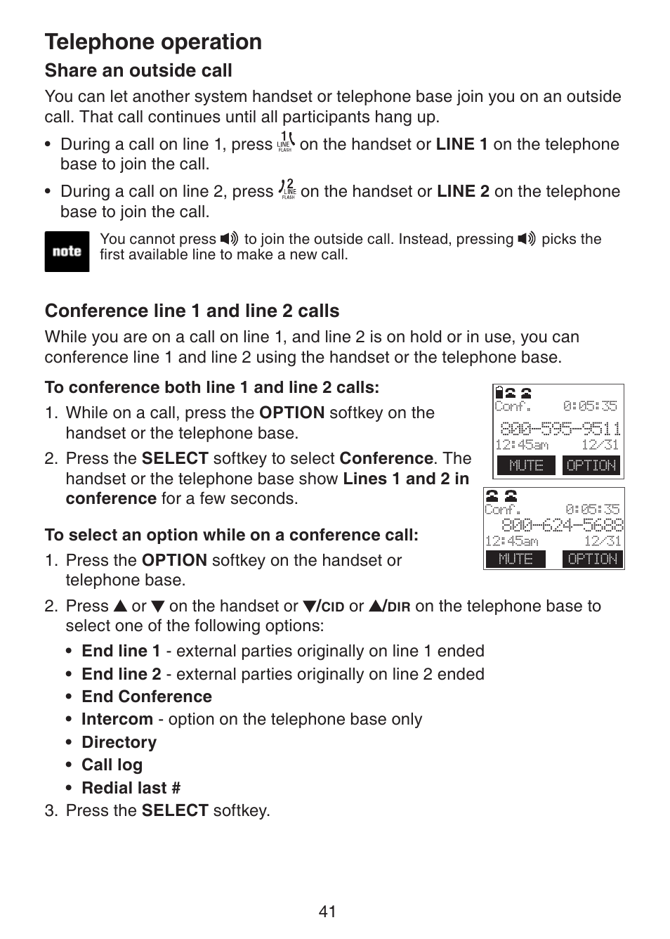 Telephone operation, Share an outside call, Conference line 1 and line 2 calls | VTech DECT6.0 DS6151 User Manual | Page 45 / 95