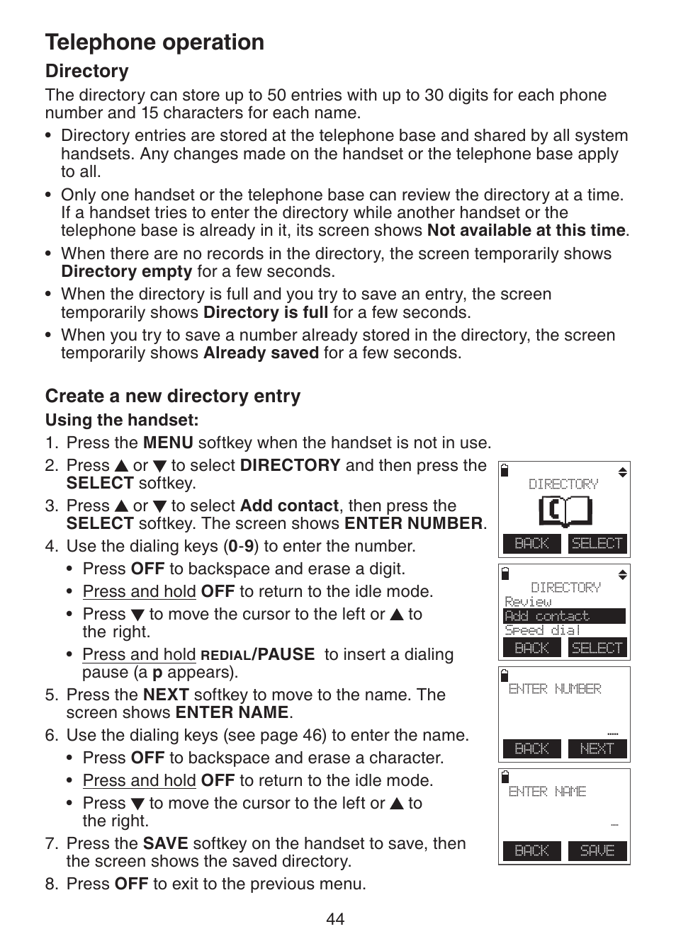 Telephone operation, Directory, Create a new directory entry | VTech DECT6.0 DS6151 User Manual | Page 48 / 95