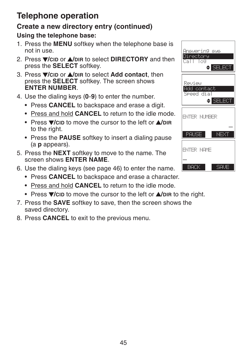 Telephone operation, Create a new directory entry (continued) | VTech DECT6.0 DS6151 User Manual | Page 49 / 95